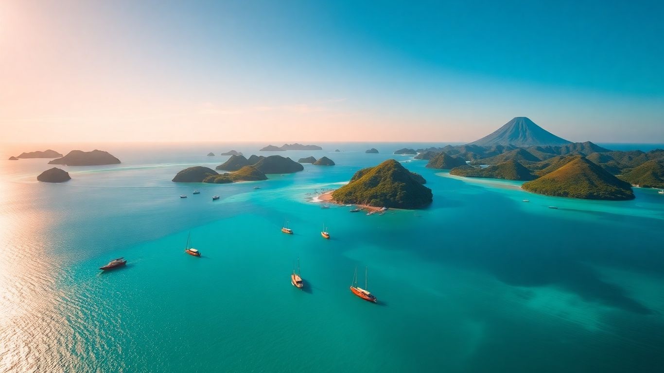 Labuan Bajo islands and turquoise waters with boats.