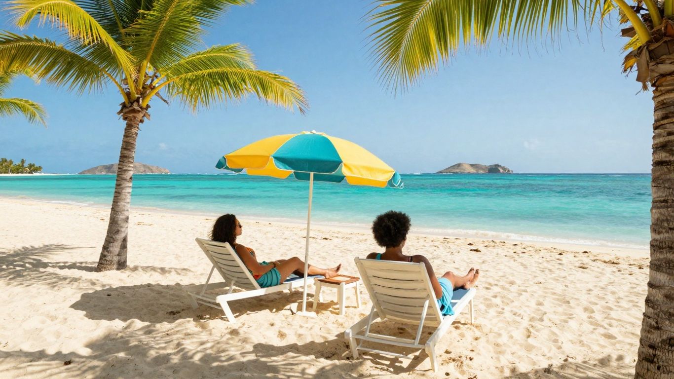Couple relaxing on a sunny beach in October.