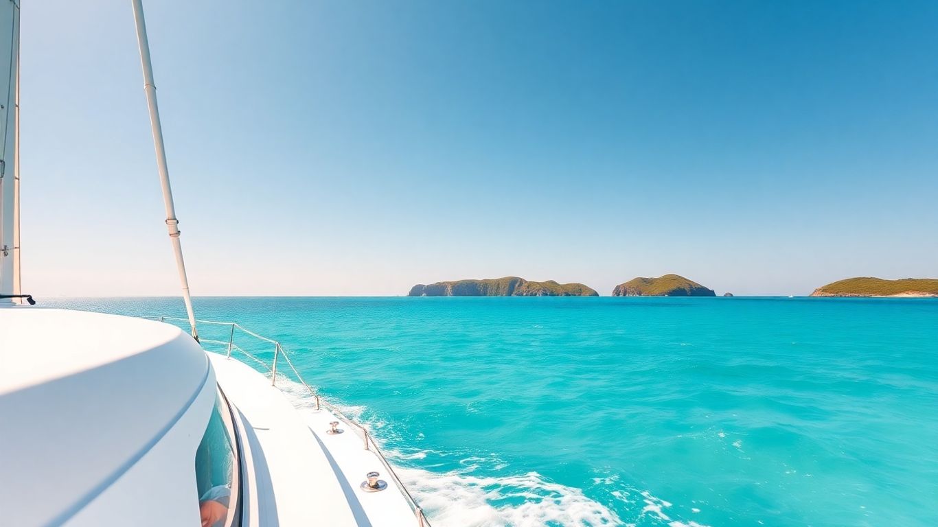Catamaran sailing on turquoise Caribbean waters near islands.