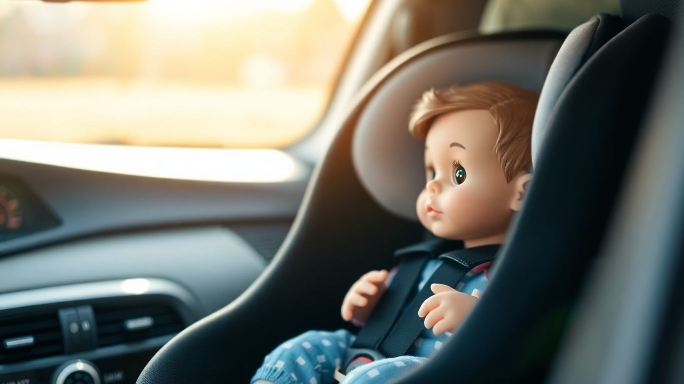 Siège auto avec poupée dans une voiture ensoleillée.