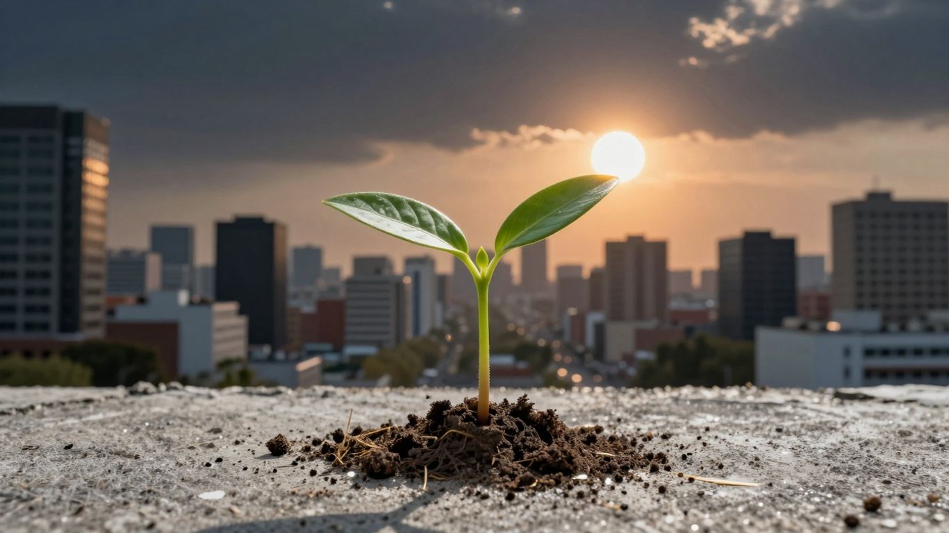 Startup growth, seedling breaking through concrete towards sun.