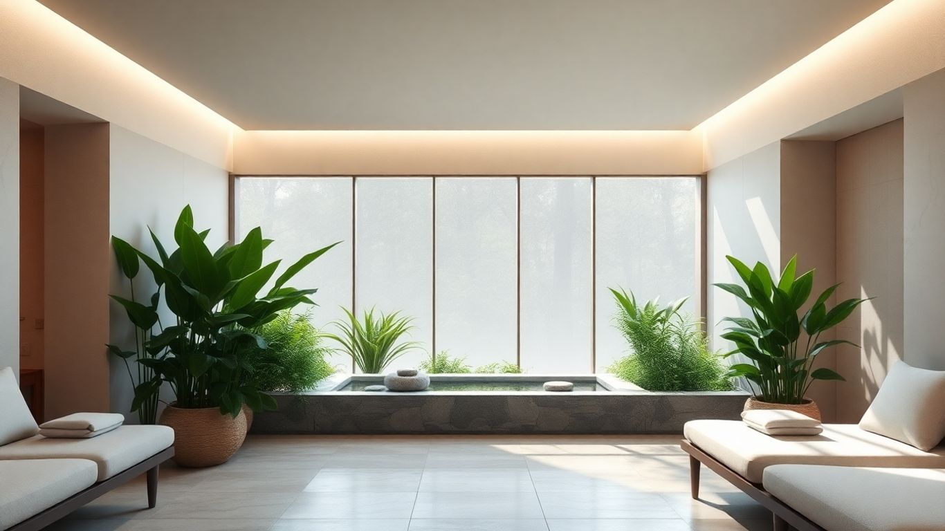 Peaceful spa interior with plants and water features.