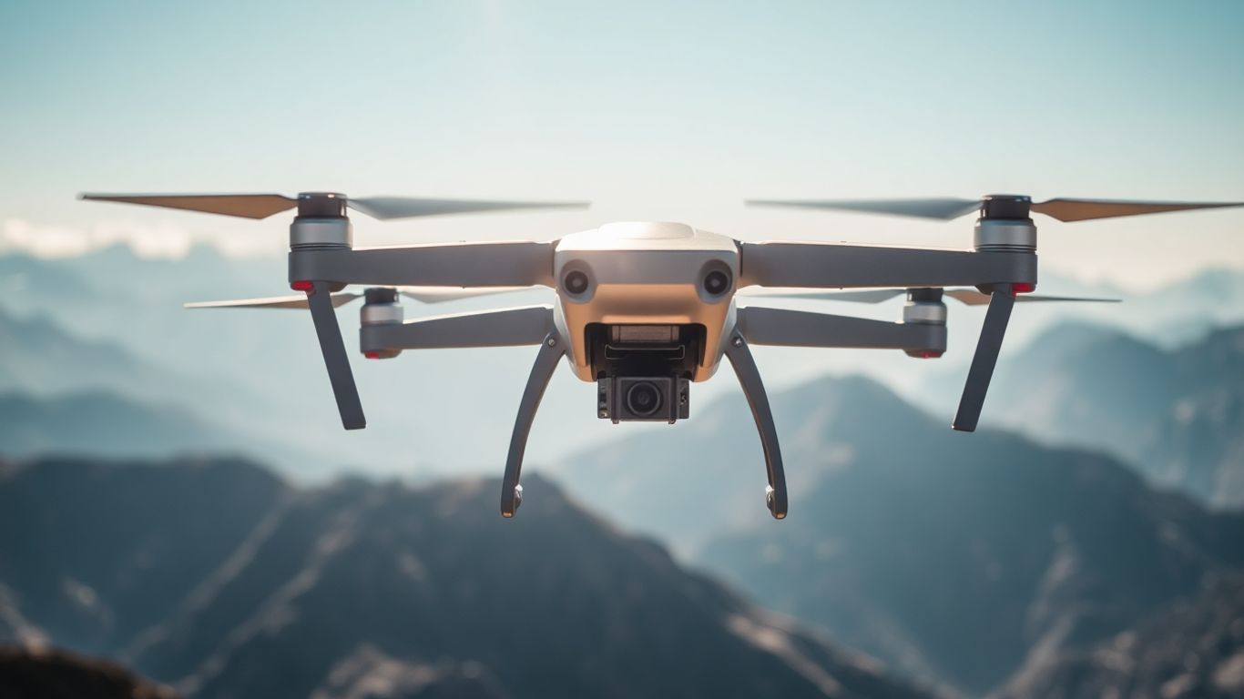 Drone en vol au-dessus d'un paysage complexe.