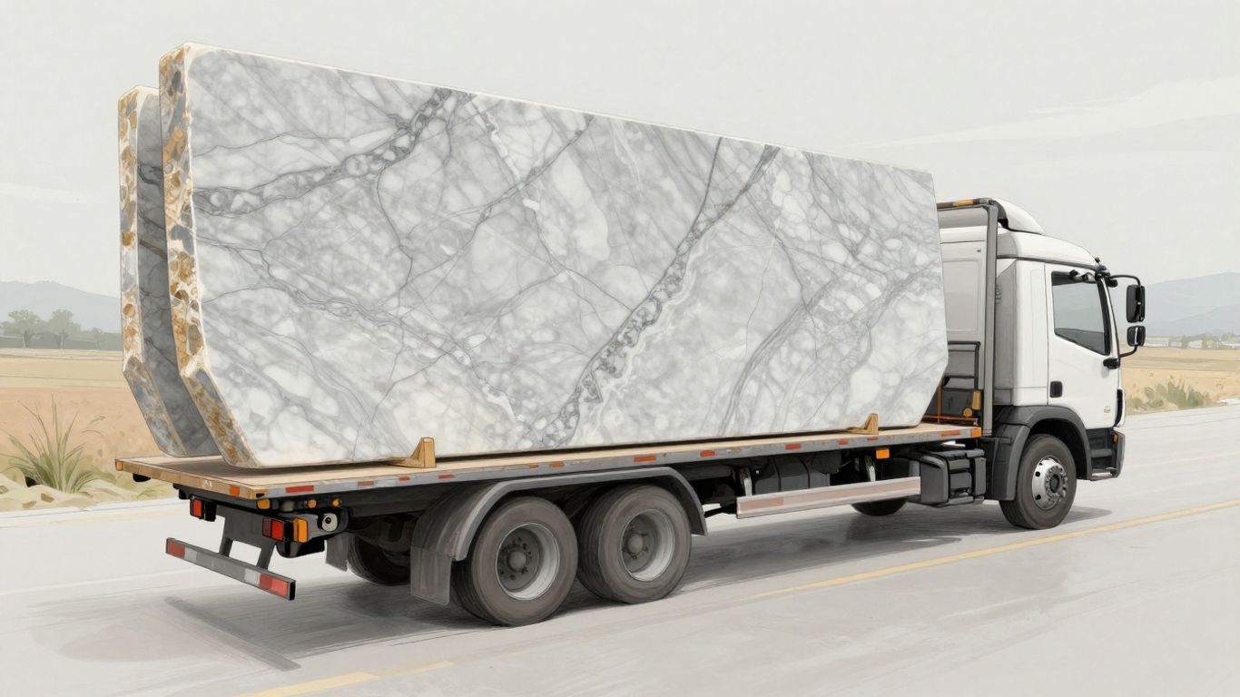 Marble slab being loaded onto a delivery truck.