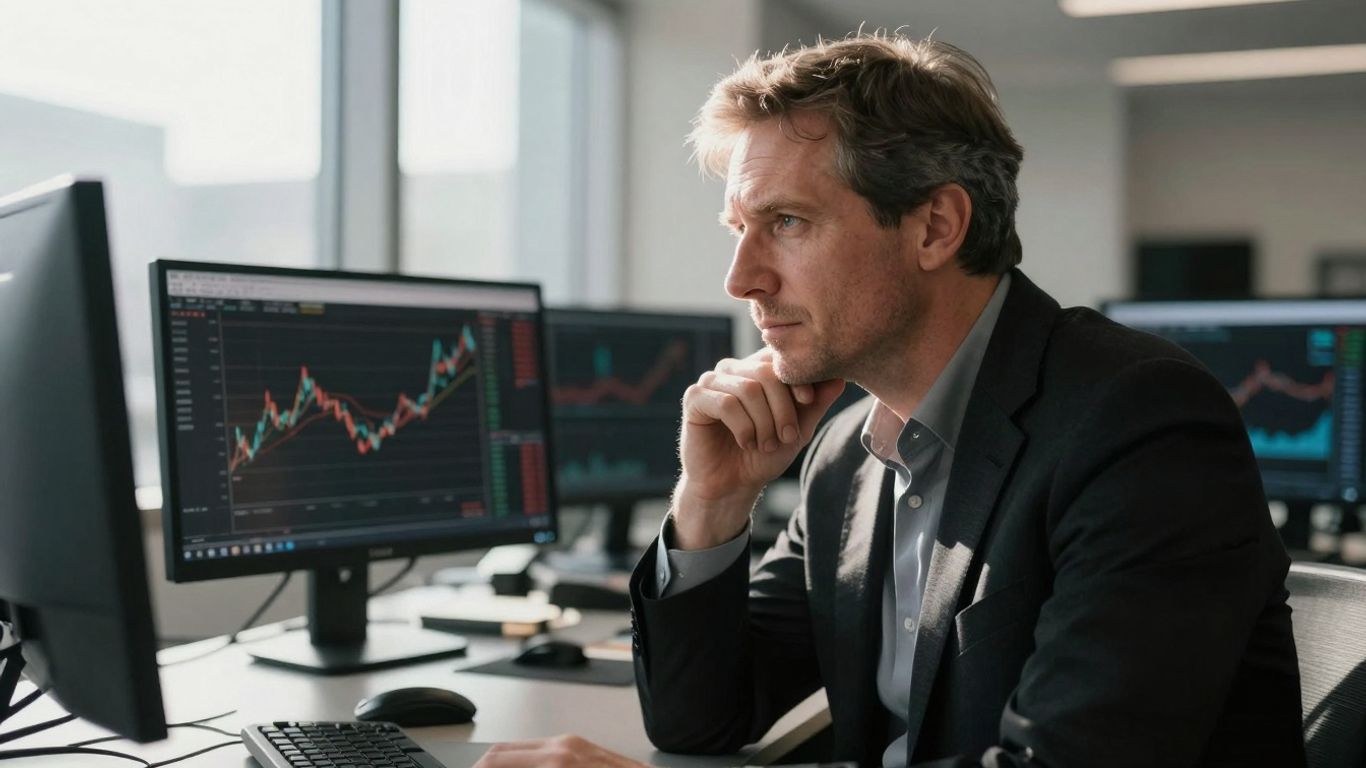 Trader Mark Douglas in deep thought, abstract market forces.