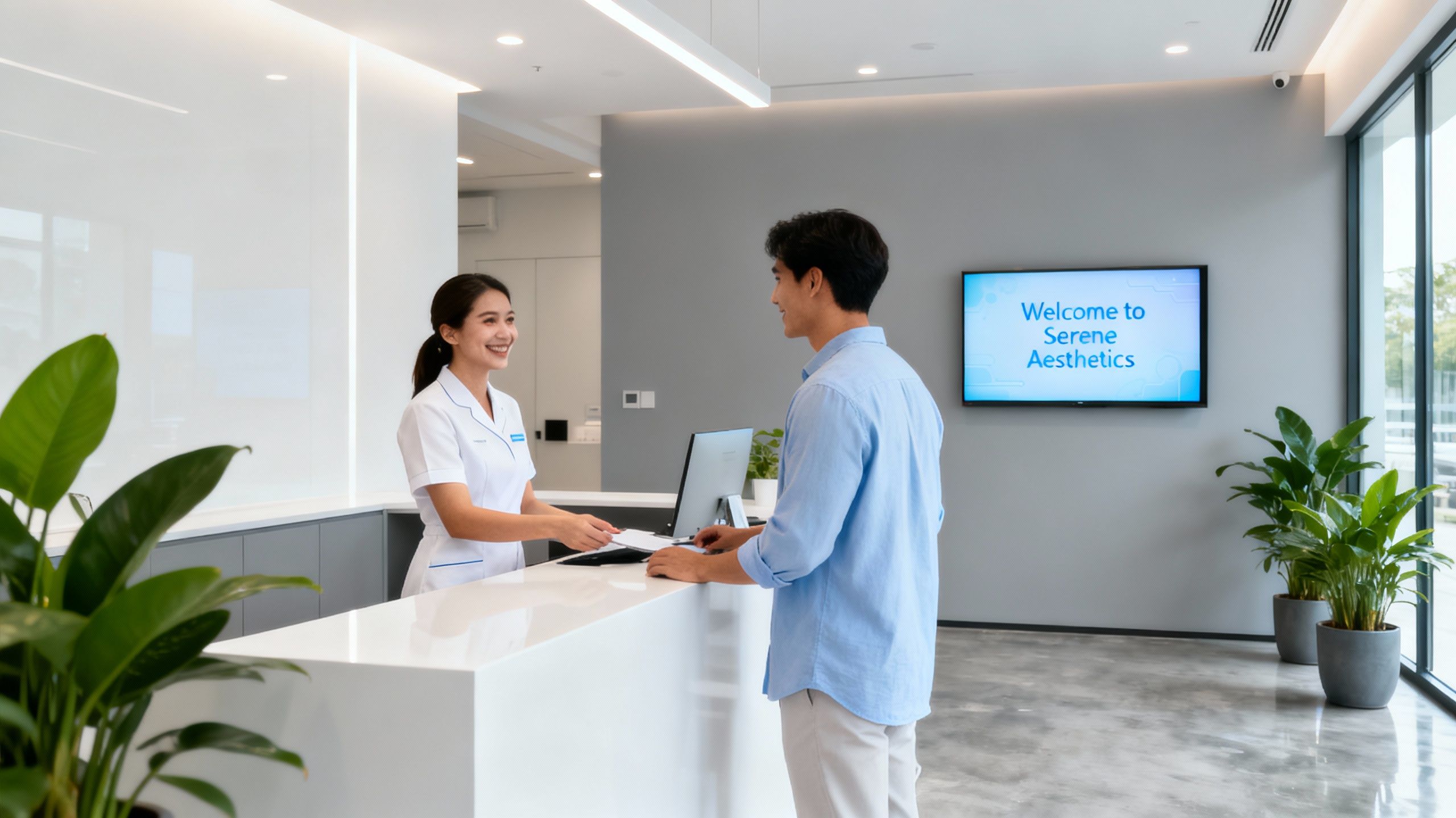 Aesthetics clinic reception with a human receptionist and patient.