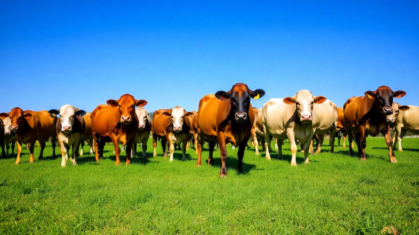 Various cattle breeds grazing in a sunny green pasture.