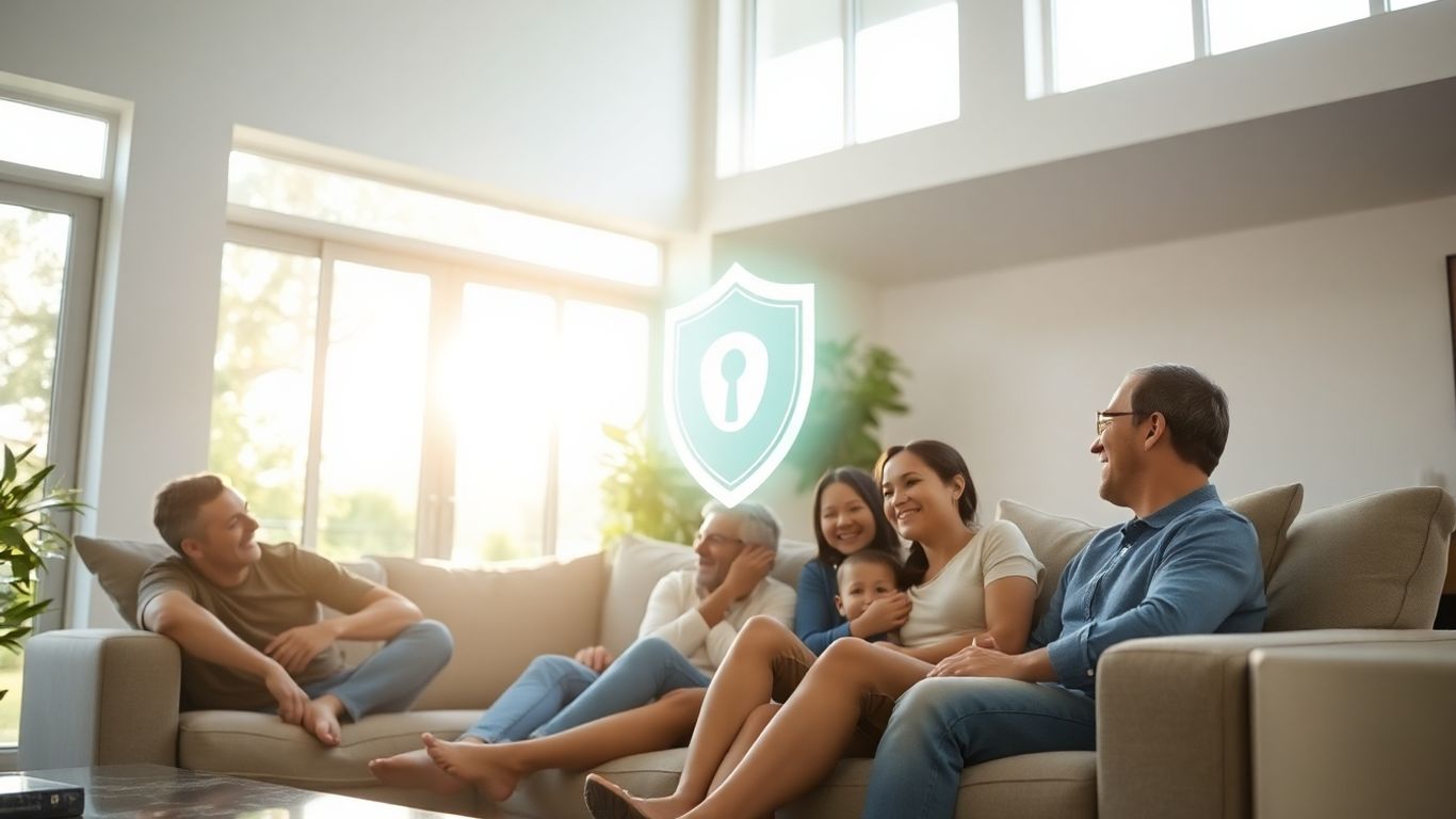 Familia feliz en sala de estar protegida por seguro de hogar.