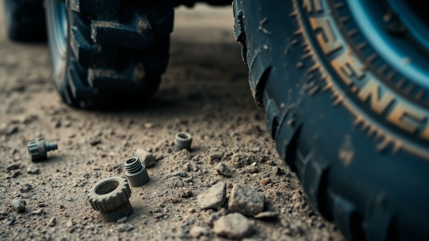 Dirty off-road tire with exposed valve stem and discarded cap.