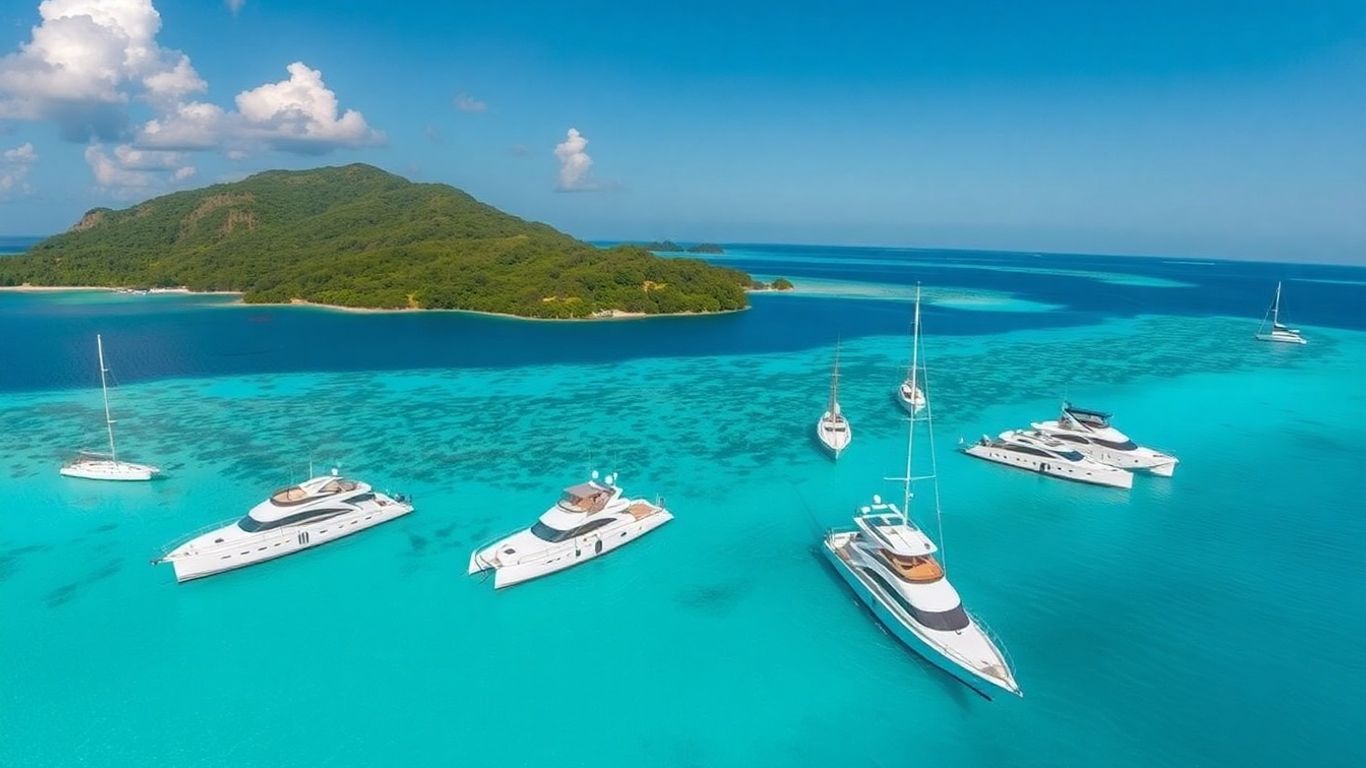 Luxury charter boats anchored near tropical Belize islands