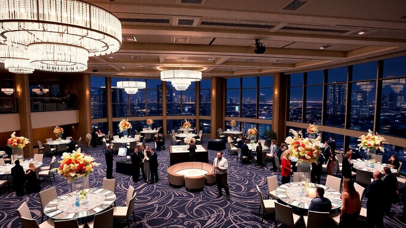 Elegant corporate event venue in Dallas with chandeliers and city views.