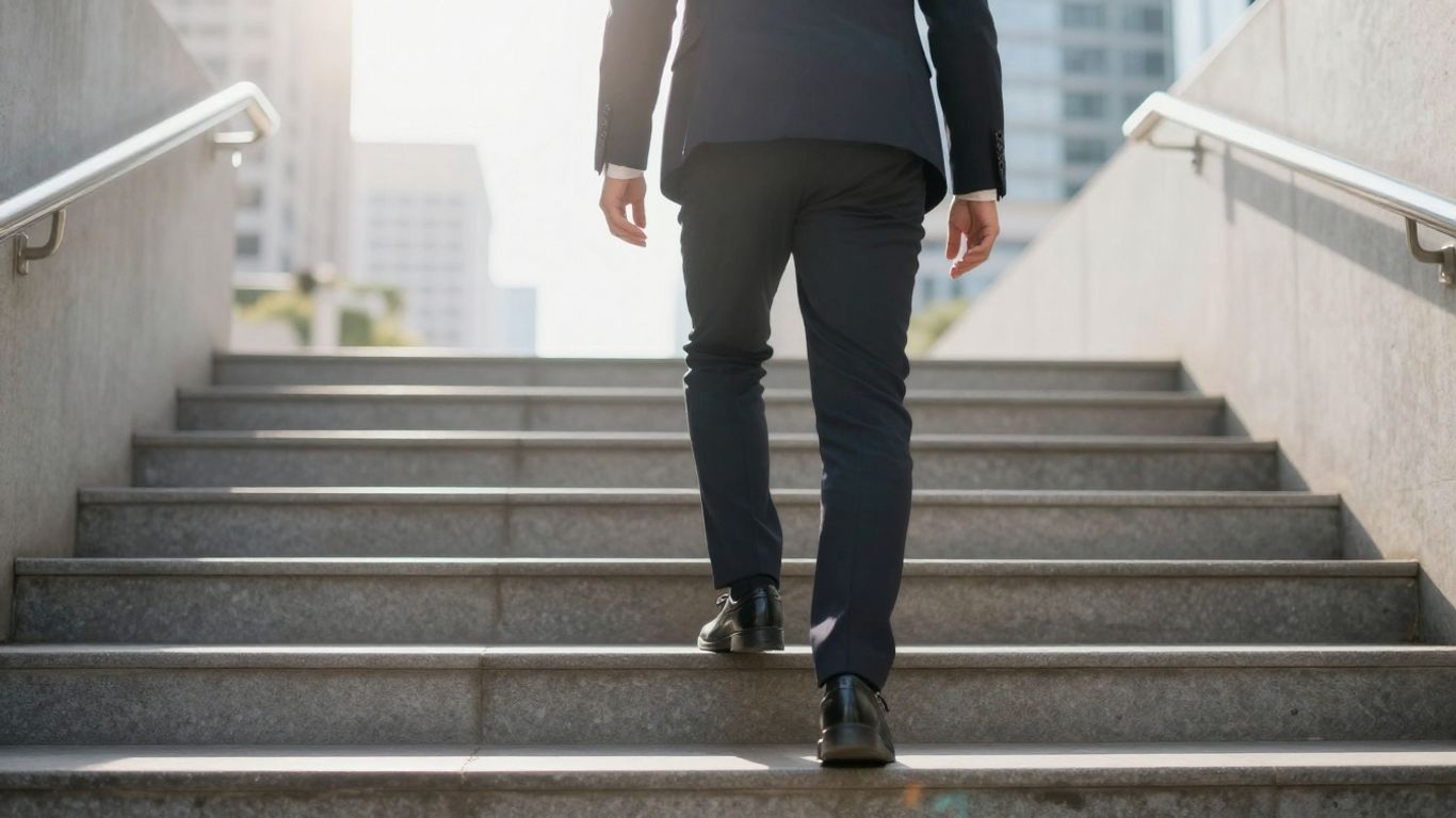 Person climbing stairs towards a brighter future.