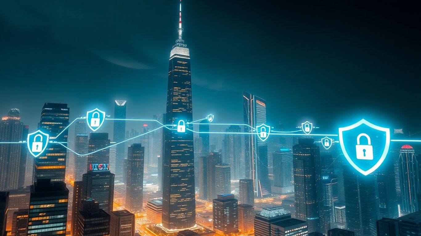 Futuristic city with data streams and digital security.