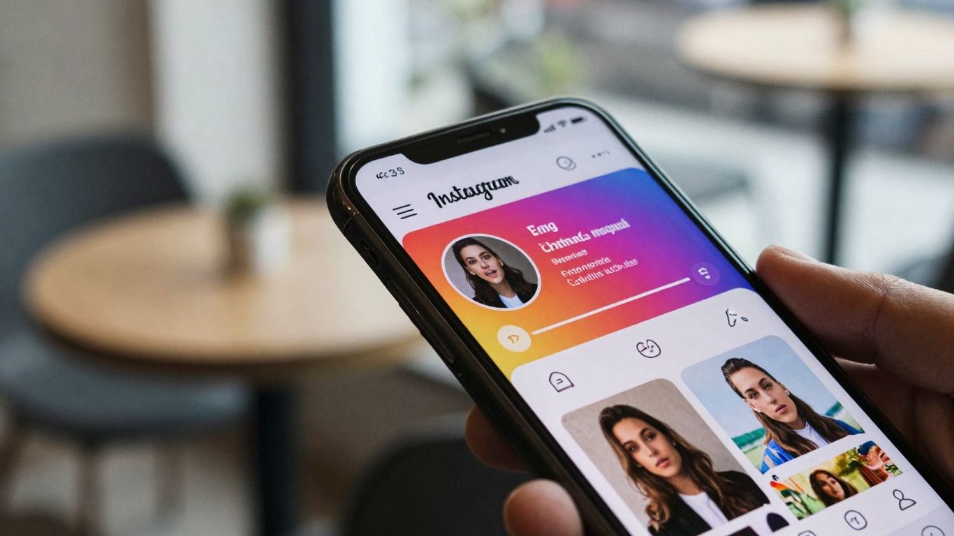 Smartphone screen with Instagram profile and colorful elements.