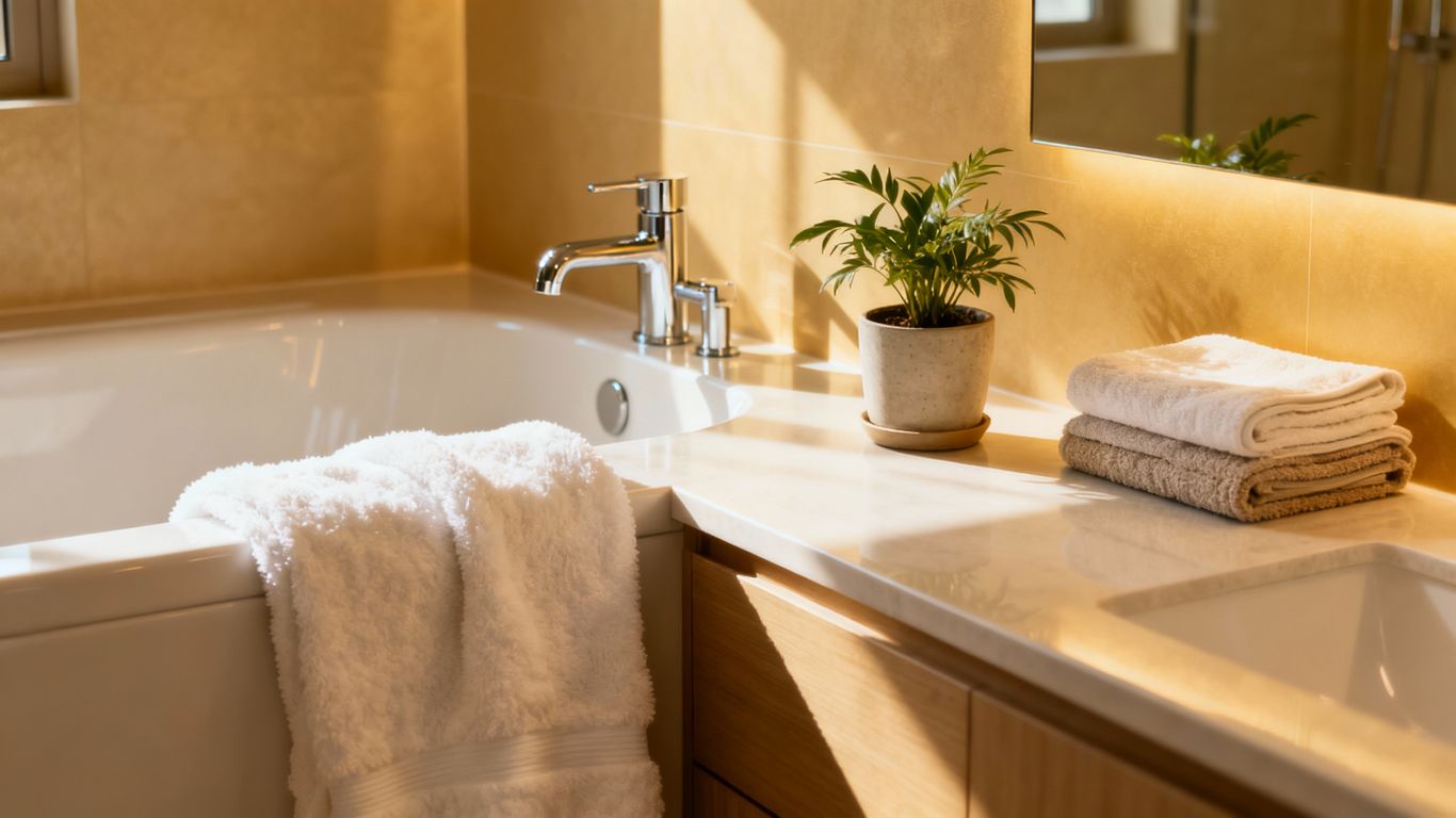 Bright bathroom with white towels and a potted plant.
