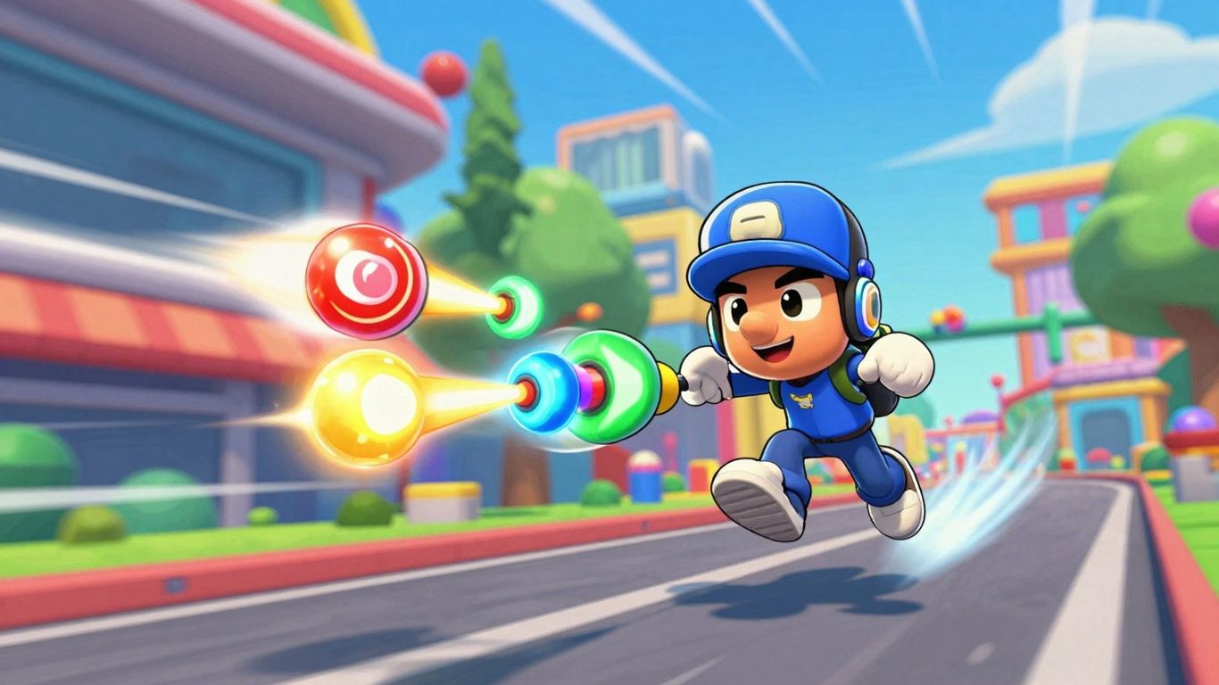 Subway Surfers character collecting power-ups in a dynamic scene.