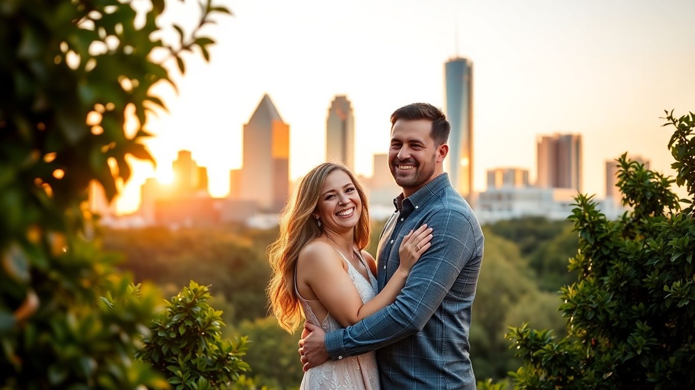 Couple in Dallas with skyline backdrop