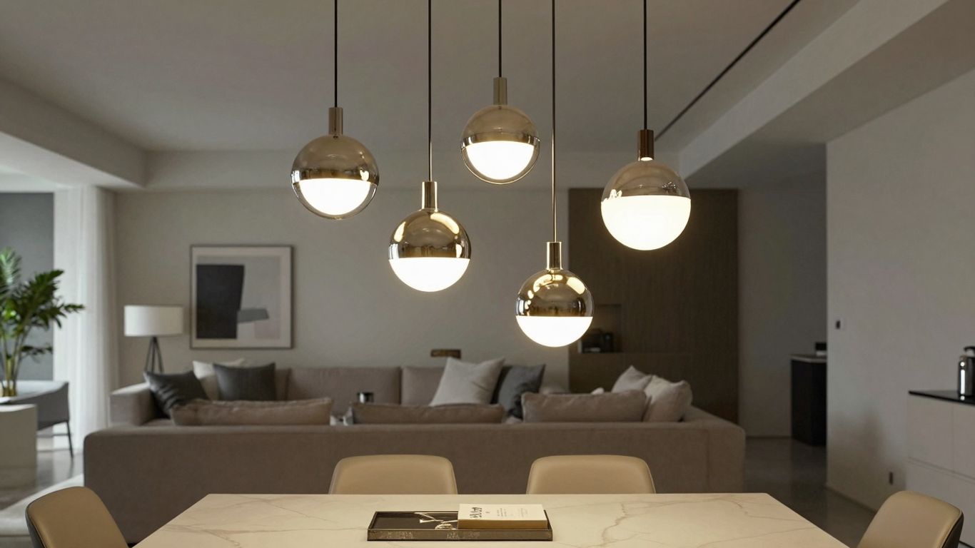 Elegant pendant lights hanging over a modern dining table.
