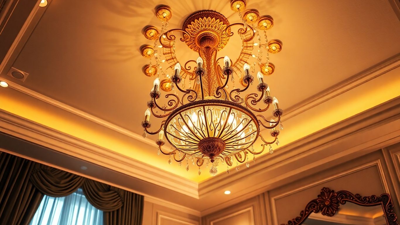 Gold chandelier in a luxurious bedroom