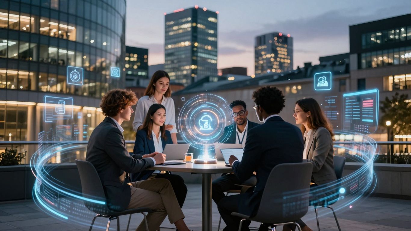 Leeds cityscape and marketing professionals collaborating.