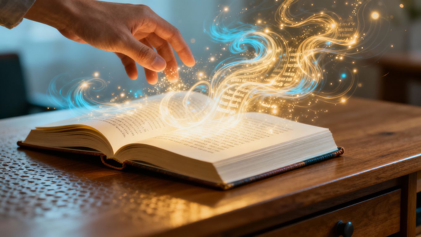 Book pages turning into light, forming a published book.