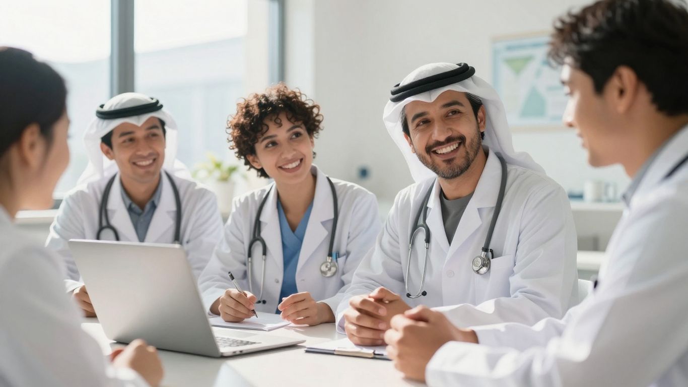 Zorgmedewerkers die samenwerken en leren in een positieve omgeving.