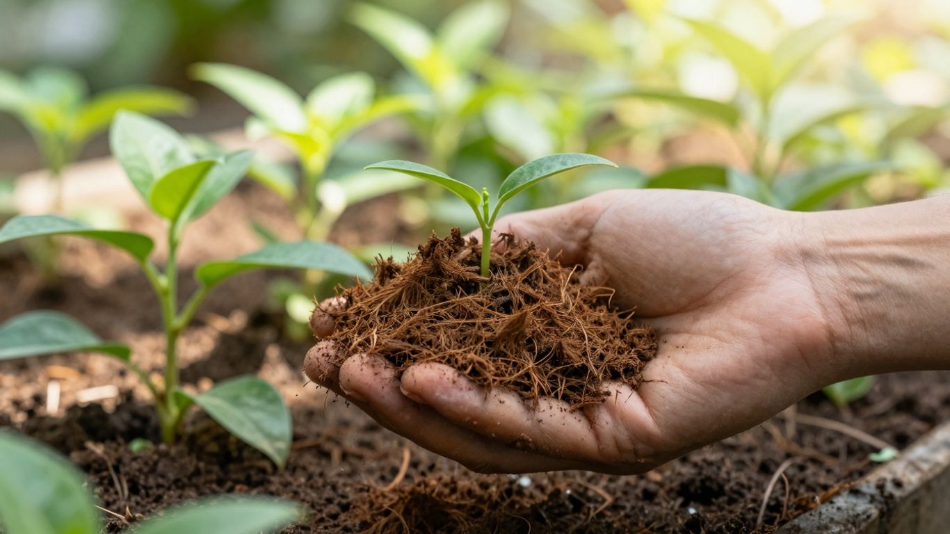 Gardener holding coconut coir dust with a seedling.