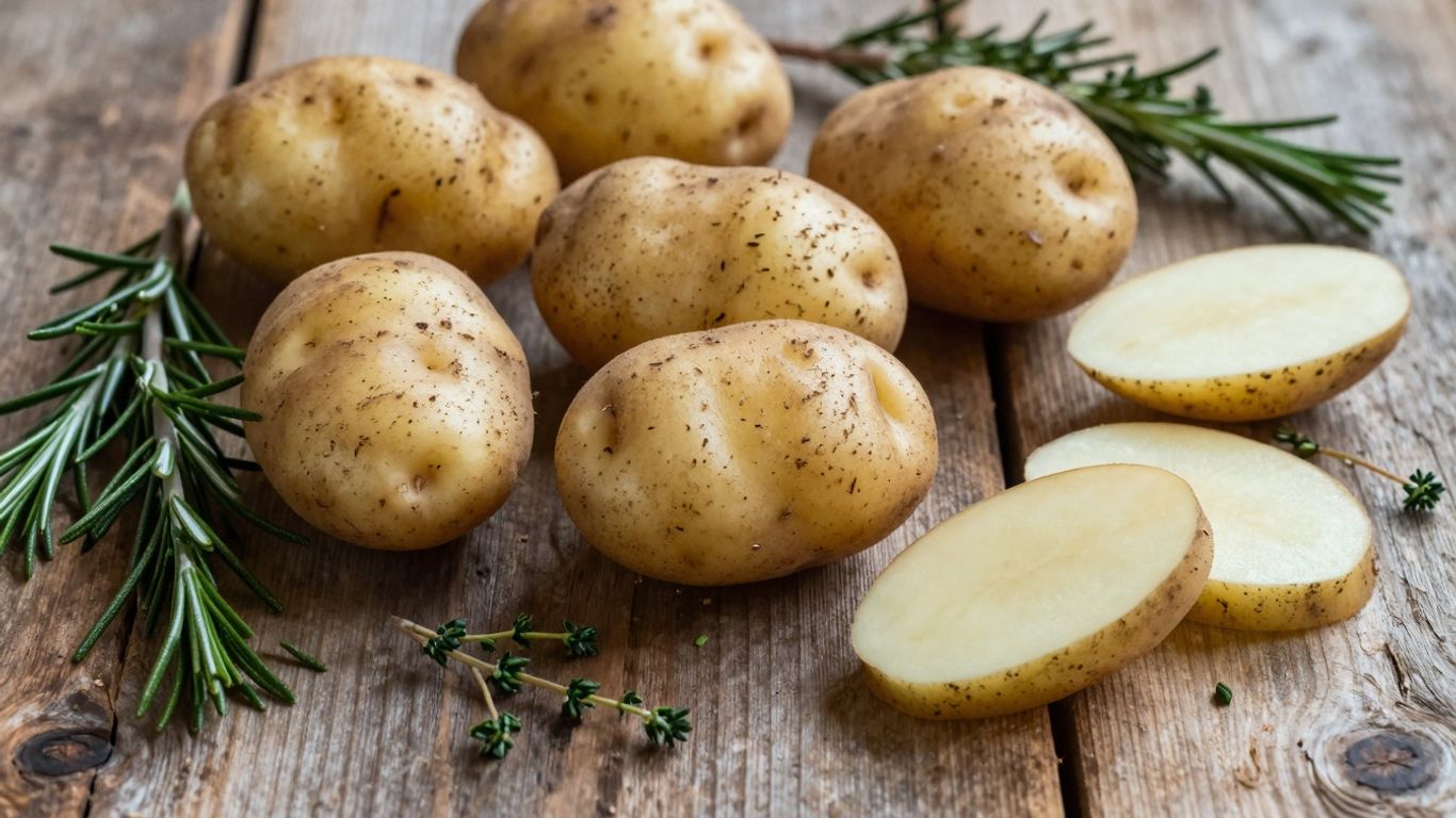 Biologische aardappelen op een rustieke tafel met kruiden.