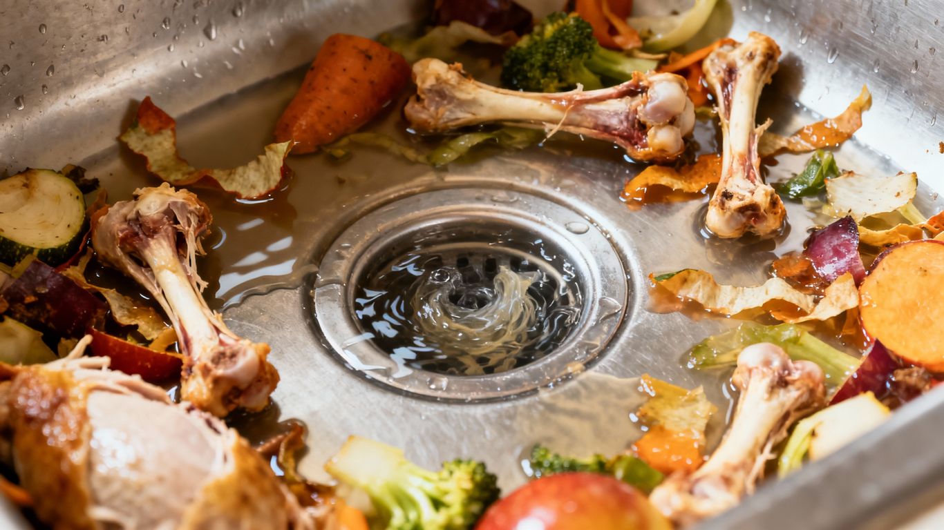 Thanksgiving kitchen sink clog with food scraps.