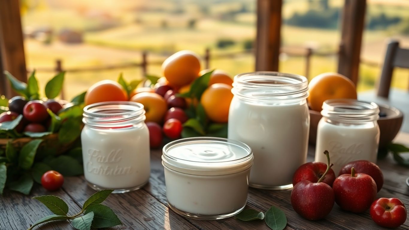 Yaourts catalans sur table en bois avec fruits frais