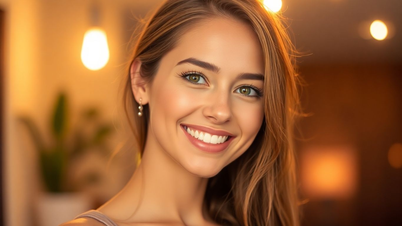 Woman smiling confidently, ready for new connections.