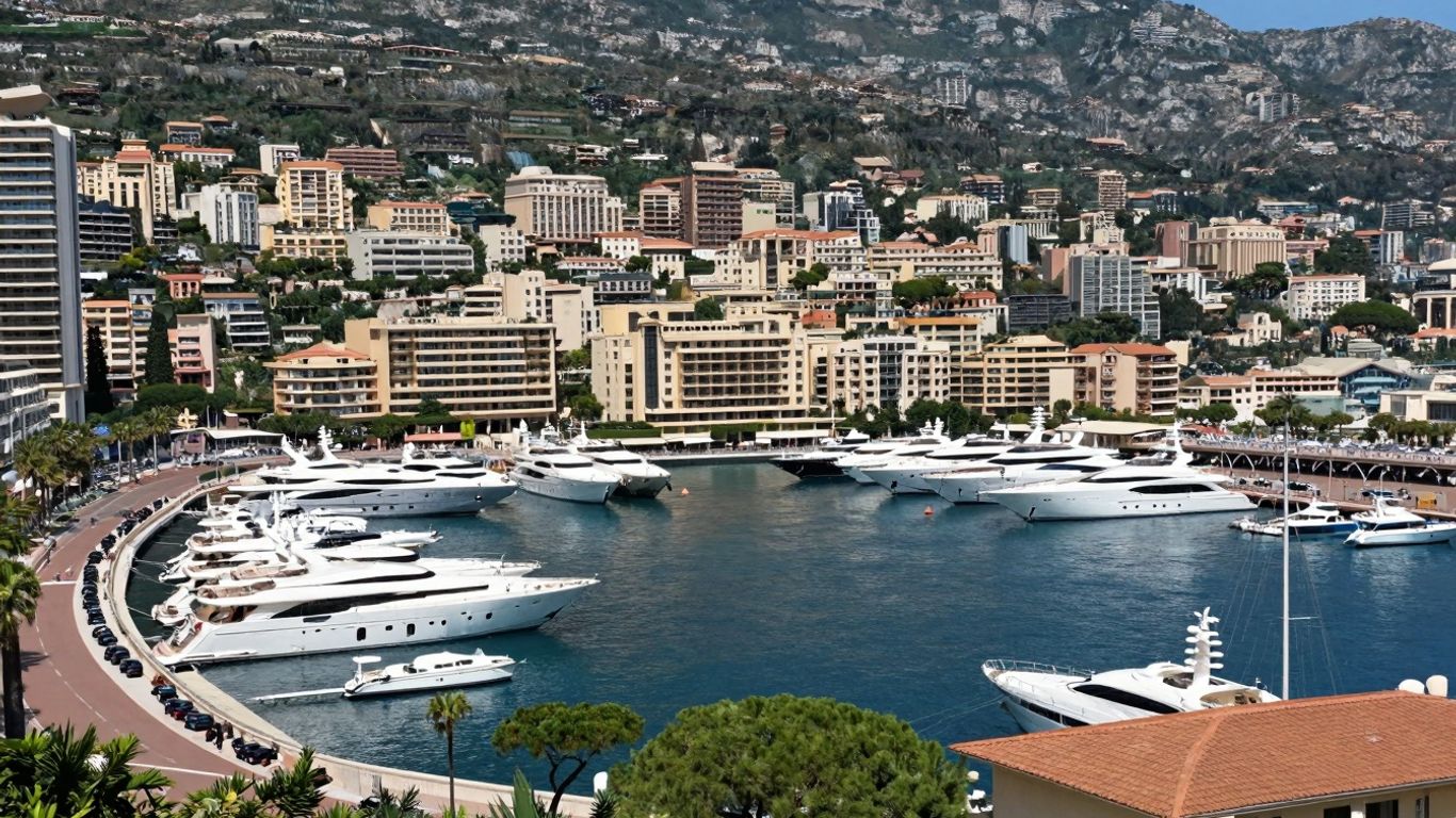 Luksusowe jachty w porcie Monako, widok na wybrzeże.