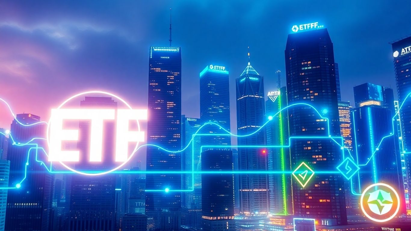 Futuristic cityscape with ETF and cryptocurrency symbols.
