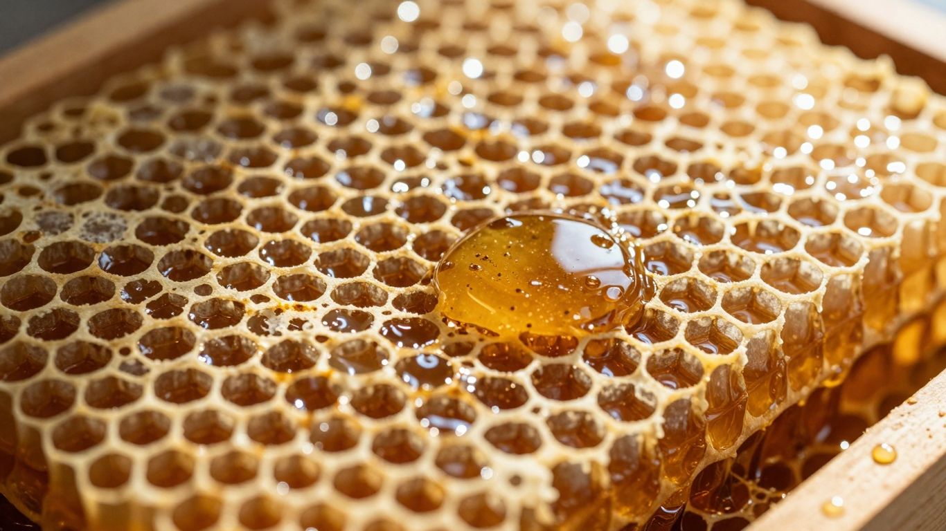 Honeycomb with clear, golden honey illuminated by sunlight.