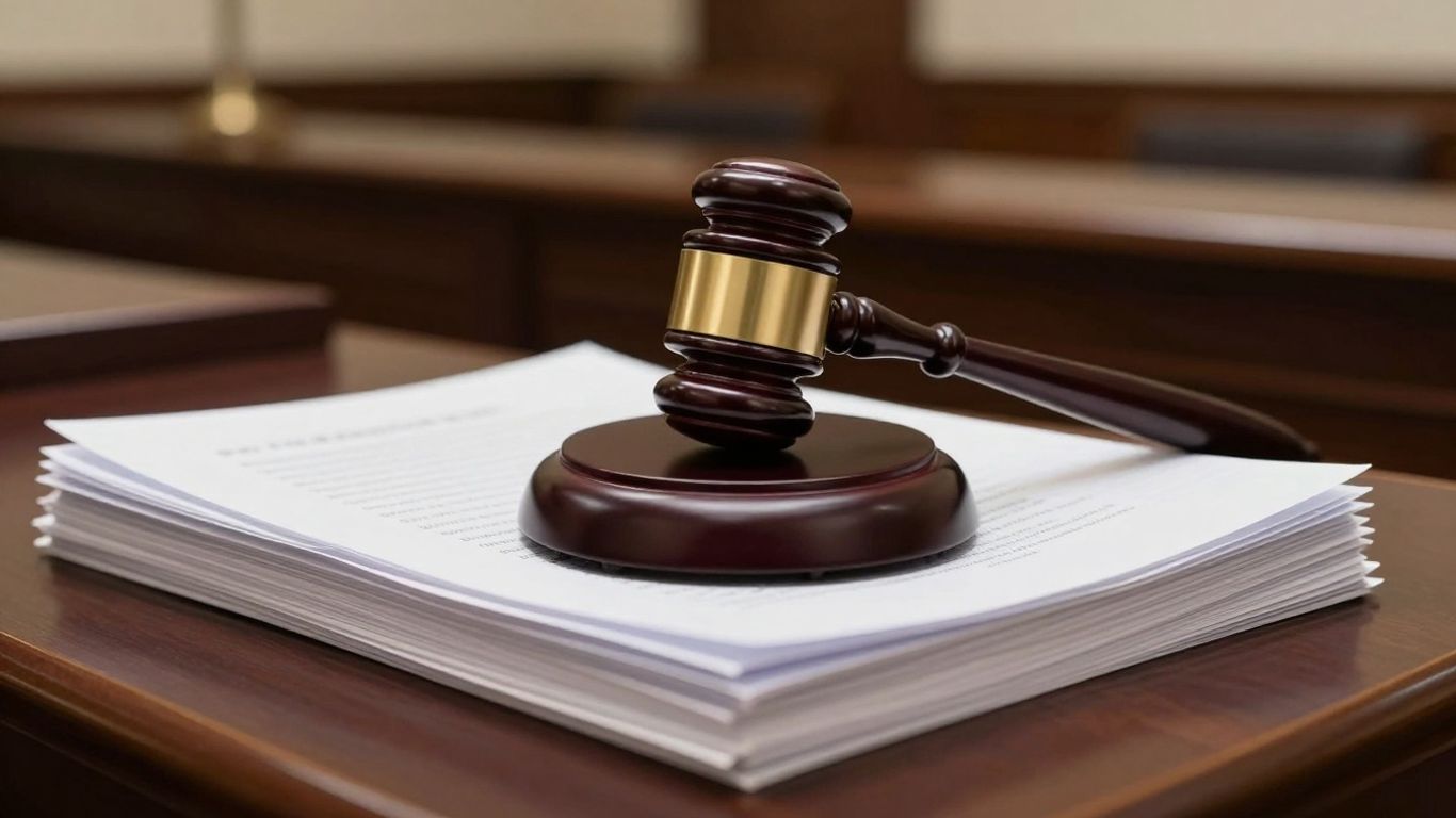 Gavel on legal documents in a courtroom.