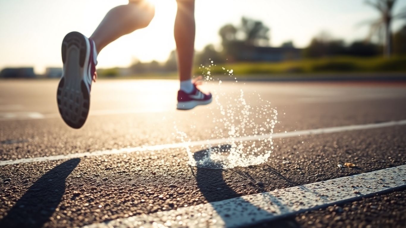 Runner's feet on a wet road during a marathon training run.