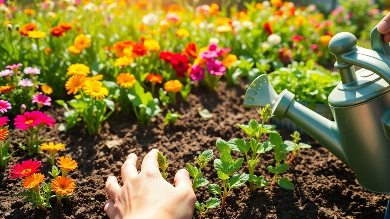 Hands planting seedlings in a sunny garden.