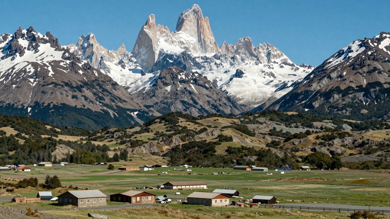 Majestic Patagonian mountain peak overlooking a green valley and estancias.