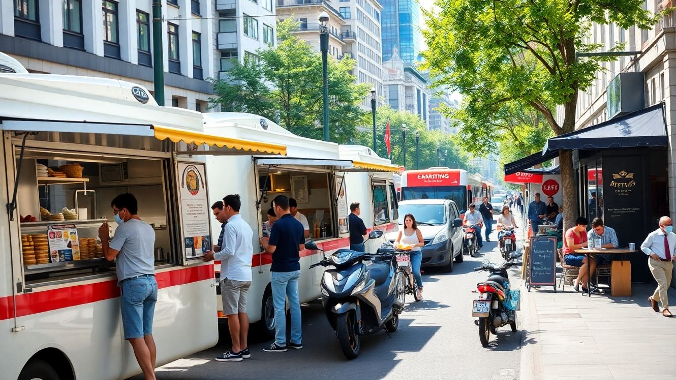 Camioane restaurant și cafenea pe o stradă urbană animată.