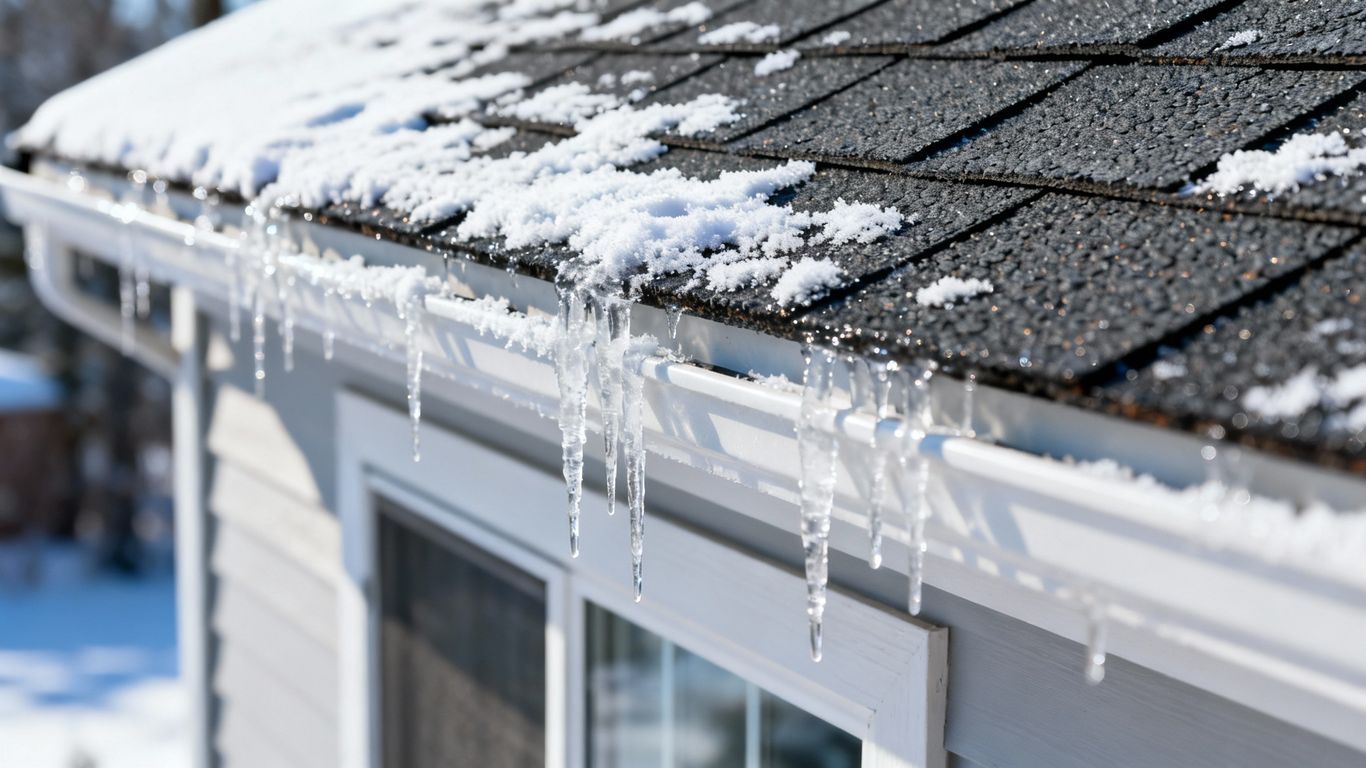 Asphalt shingles on a snowy rooftop in winter.