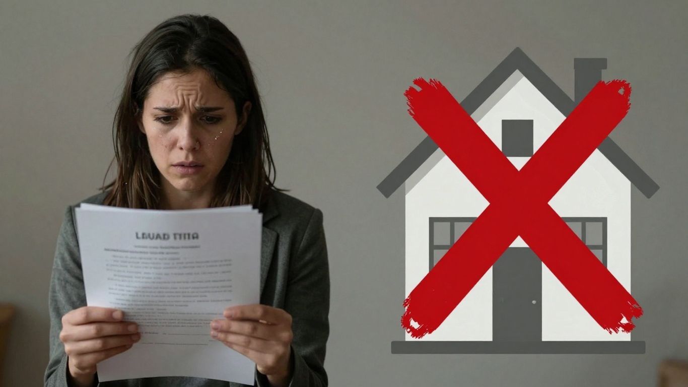 Person worried over house title documents, house with red X.