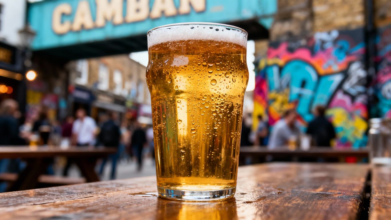 Short pint glass filled with beer in Camden Town.
