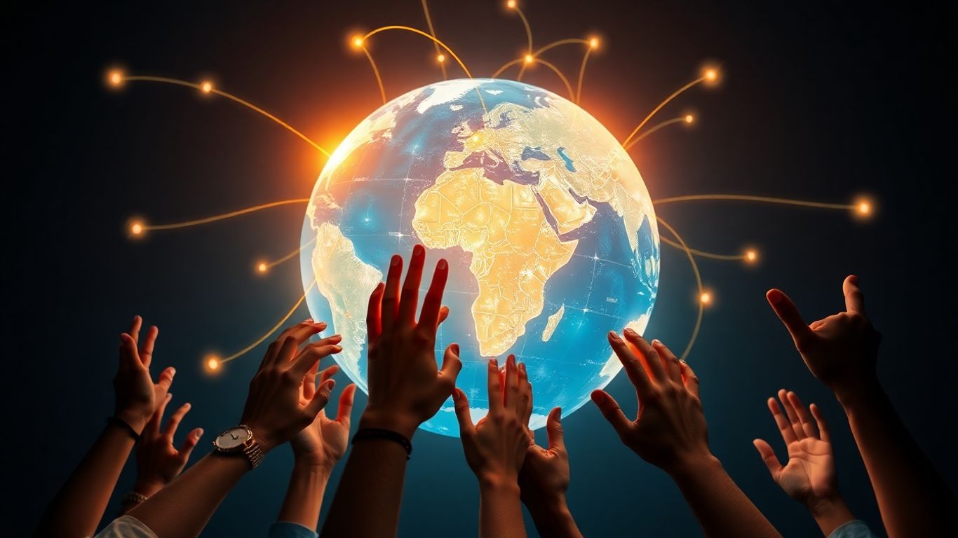 Interconnected globe with diverse hands reaching towards it.