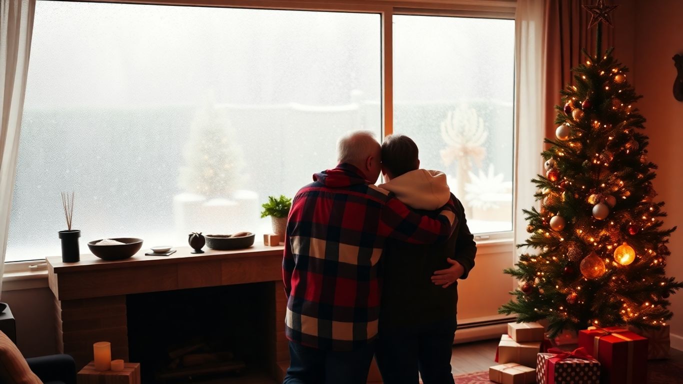 Couple celebrating anniversary by fireplace with Christmas tree.