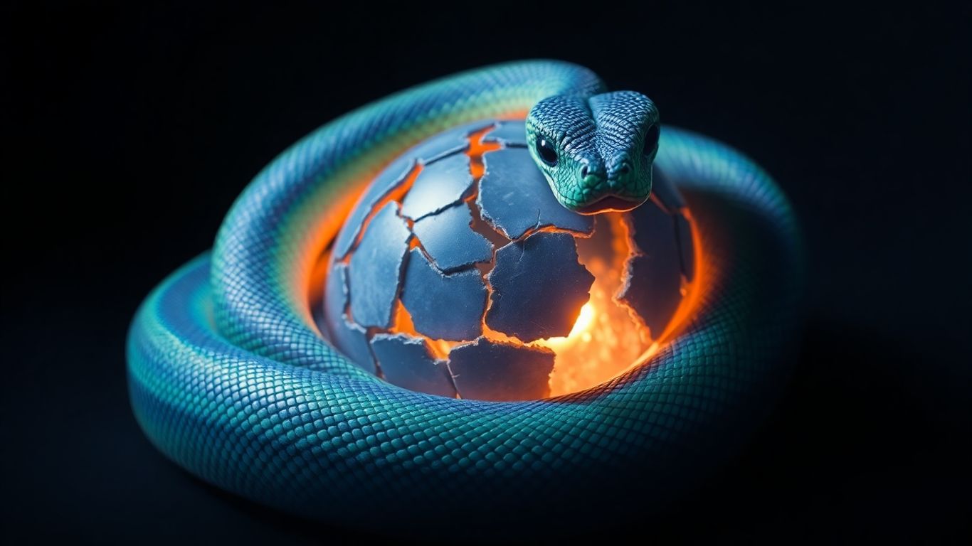 Python snake guarding a broken sphere.