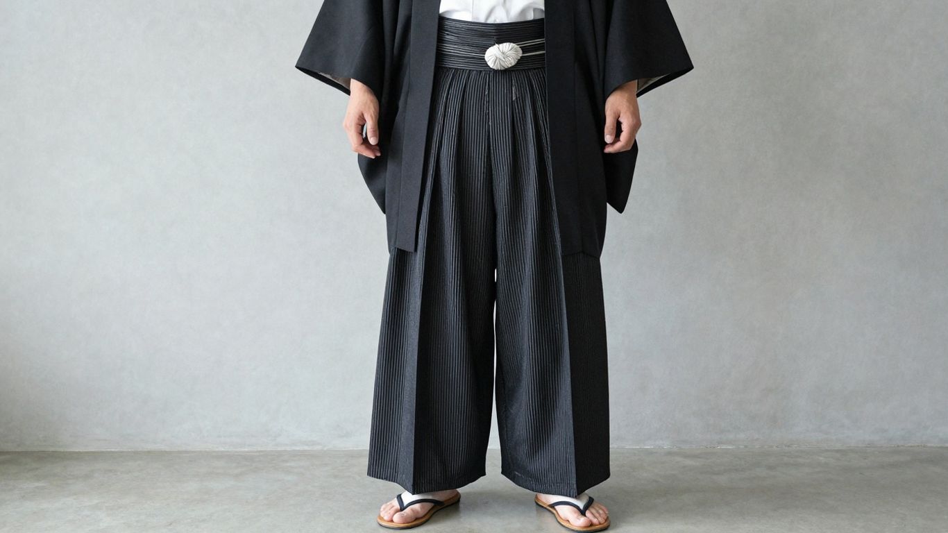 Stylish black hakama pants with flowing silhouette.