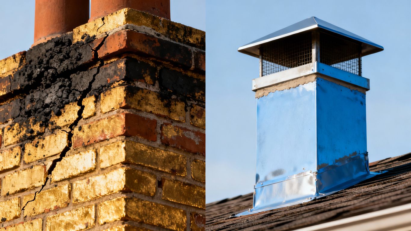 Brick chimney with cracks and soot, then a clean one.