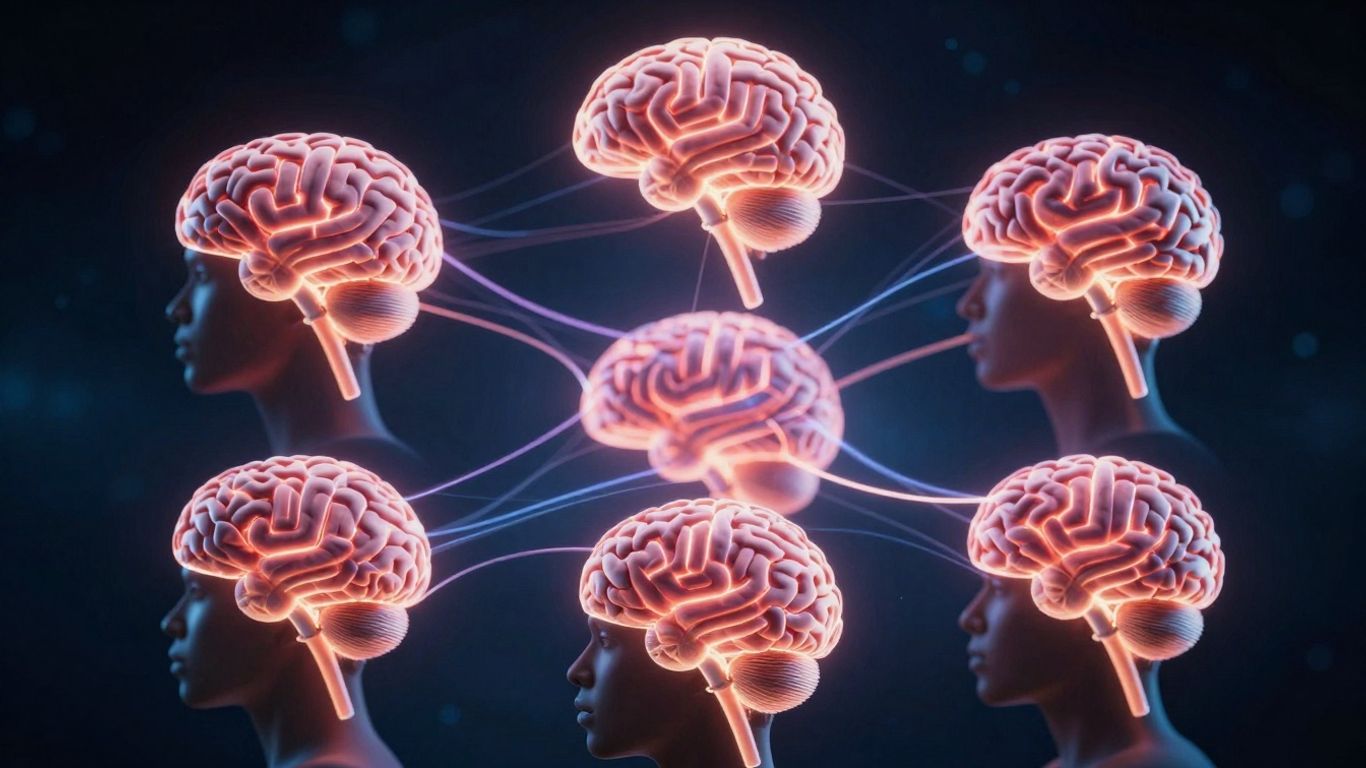 Interconnected glowing brains forming a collective consciousness network.