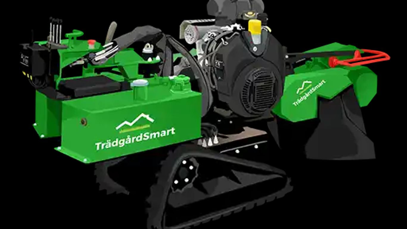 Green garden tiller with various attachments and engine components.