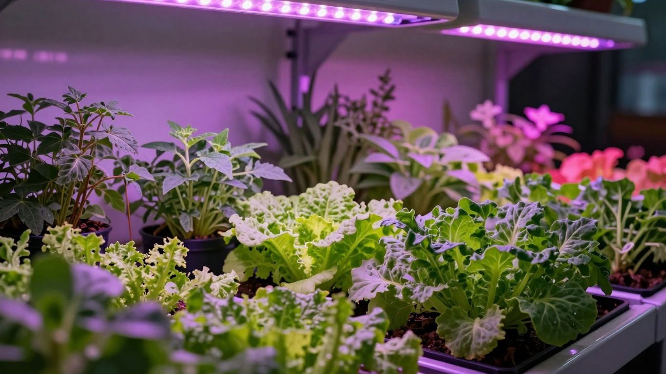 Lush indoor garden illuminated by purple LED grow lights.